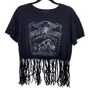 Forever 21 West Coast Motorcycle T-Shirt Fringe Trim Short Sleeve‎ Black Size M